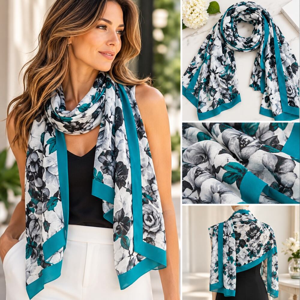 White House Black Market Floral Scarf Teal Black White NWT 71x22 Lightweight